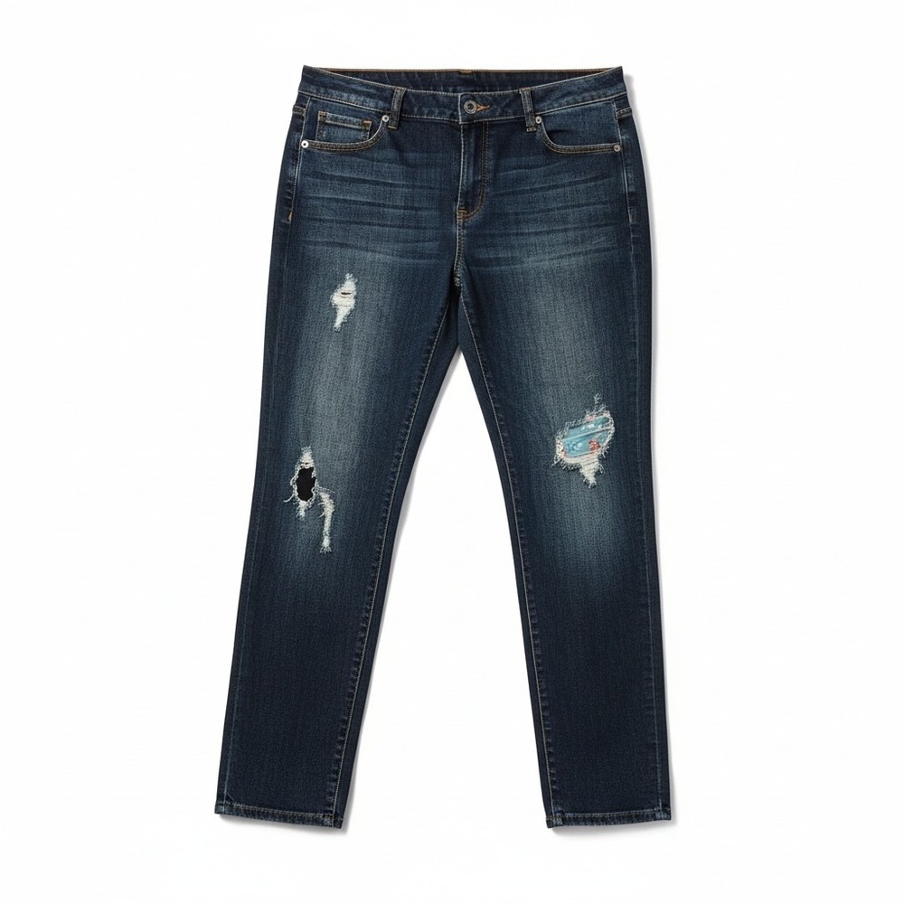 Venezia Women's Plus 20 Ripped Floral Patch Boho Skinny Dark Wash Ankle Jeans